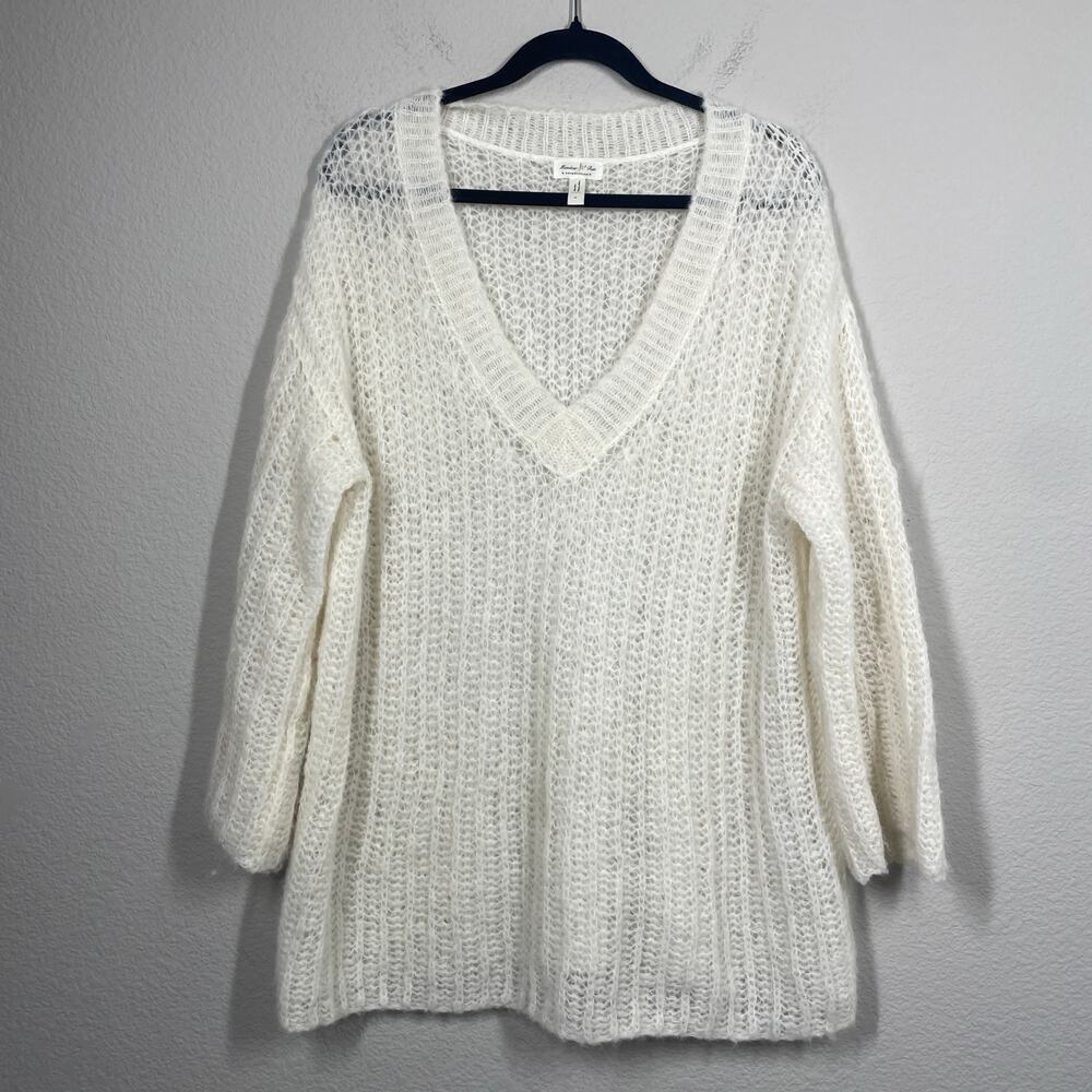 Meadow Rue Medium Alpaca Sweater Ivory V Neck Chunky Sheer Knit Long Sleeves